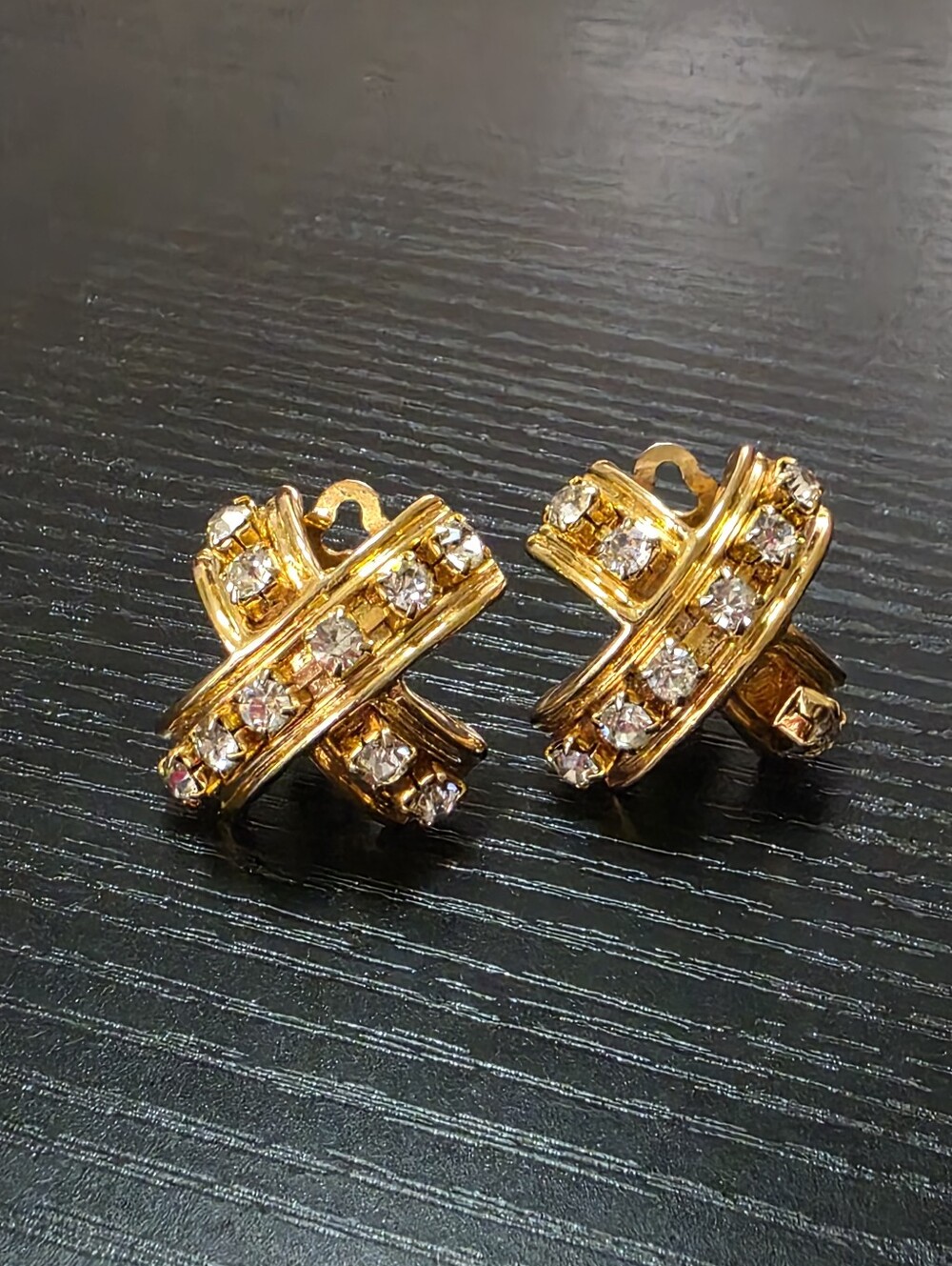 Vintage Gold-tone Criss-Cross X-Shaped Clear Rhinestone Clip-on Earrings